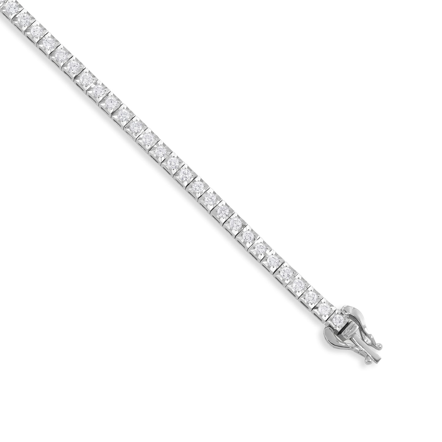 18ct White Gold And Diamond Tennis Bracelet 1.46cts - angled view. Elegant nan adorned with gems of remarkable colour and brilliance. Discover affordable luxury today.