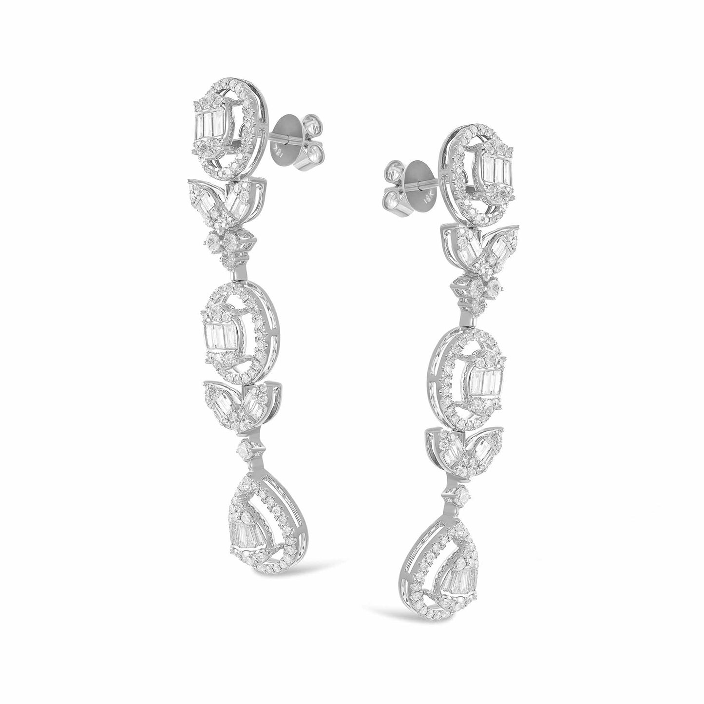 18ct White Gold And Diamond Fancy Earrings 2.49cts - angled view. Elegant nan adorned with gems of remarkable colour and brilliance. Discover affordable luxury today.