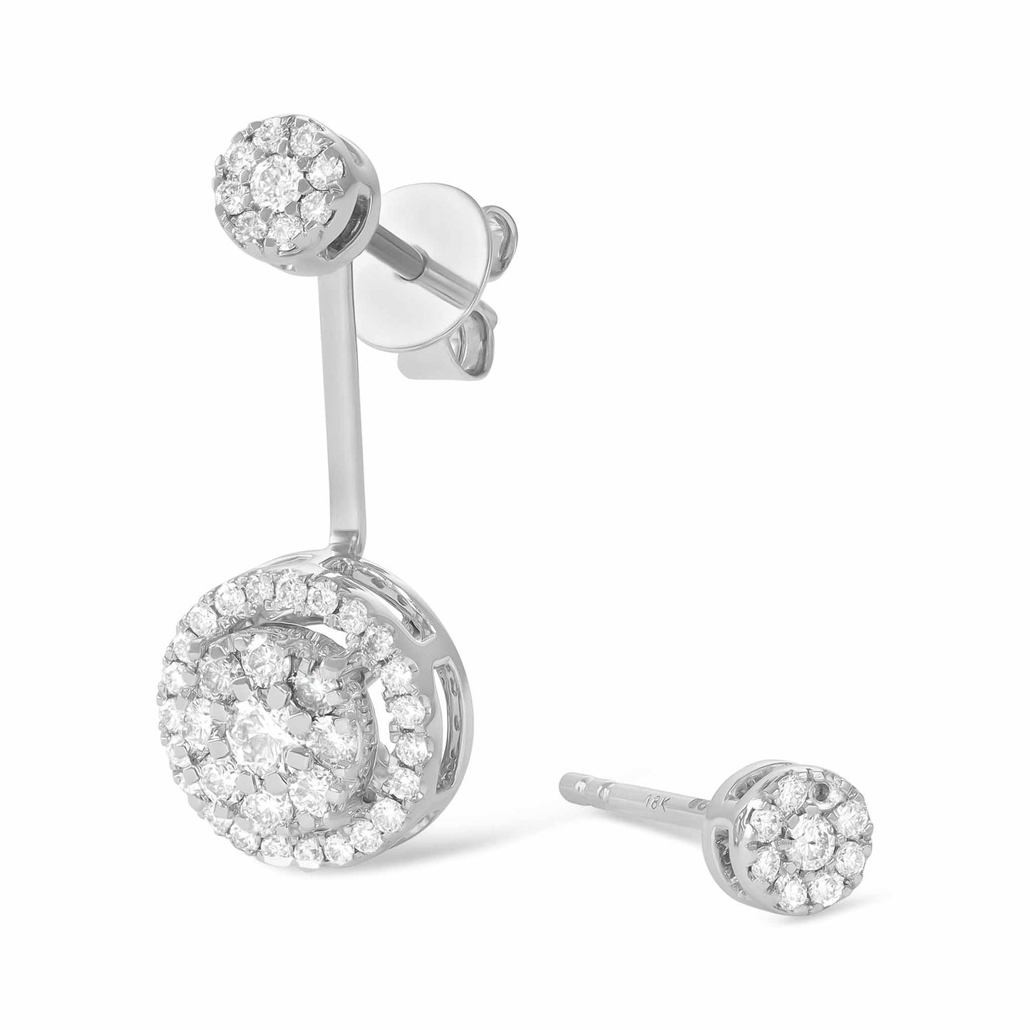 18ct White Gold And Diamond Cluster Earrings 0.82cts - angled view. Elegant nan adorned with gems of remarkable colour and brilliance. Discover affordable luxury today.