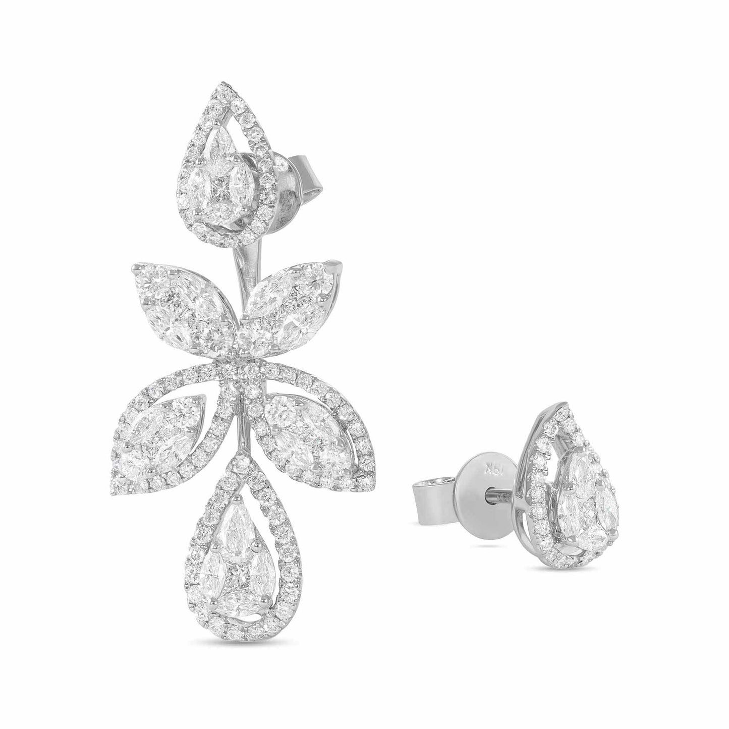 18ct White Gold And Diamond Fancy Earrings 3.15cts - angled view. Elegant nan adorned with gems of remarkable colour and brilliance. Discover affordable luxury today.