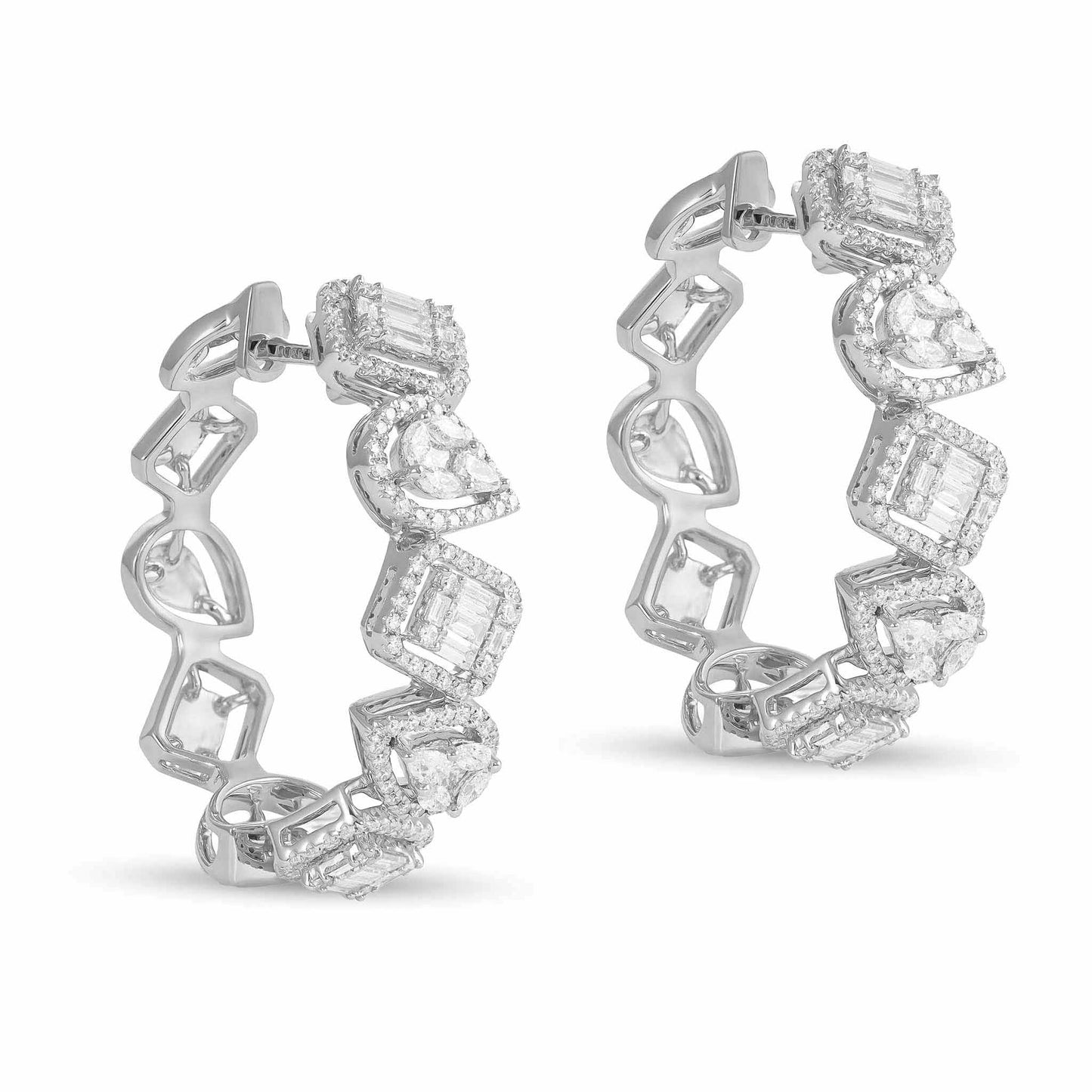 18ct White Gold And Diamond Hoop Earrings 1.8cts - angled view. Elegant nan adorned with gems of remarkable colour and brilliance. Discover affordable luxury today.