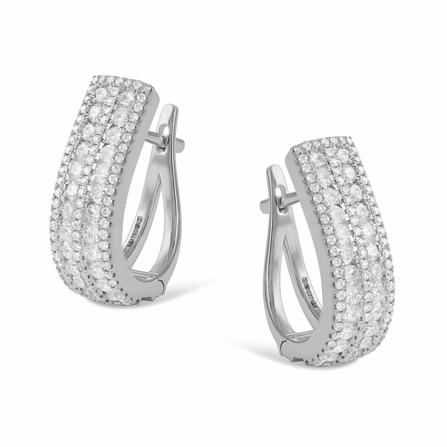 18ct White Gold And Diamond Hoop Earrings 1.42cts - angled view. Elegant nan adorned with gems of remarkable colour and brilliance. Discover affordable luxury today.