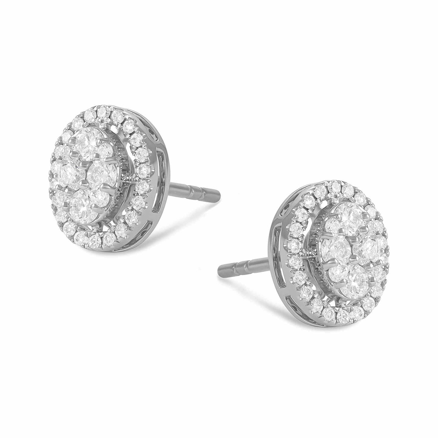 18ct White Gold And Diamond Cluster Earrings 0.44cts - angled view. Elegant nan adorned with gems of remarkable colour and brilliance. Discover affordable luxury today.