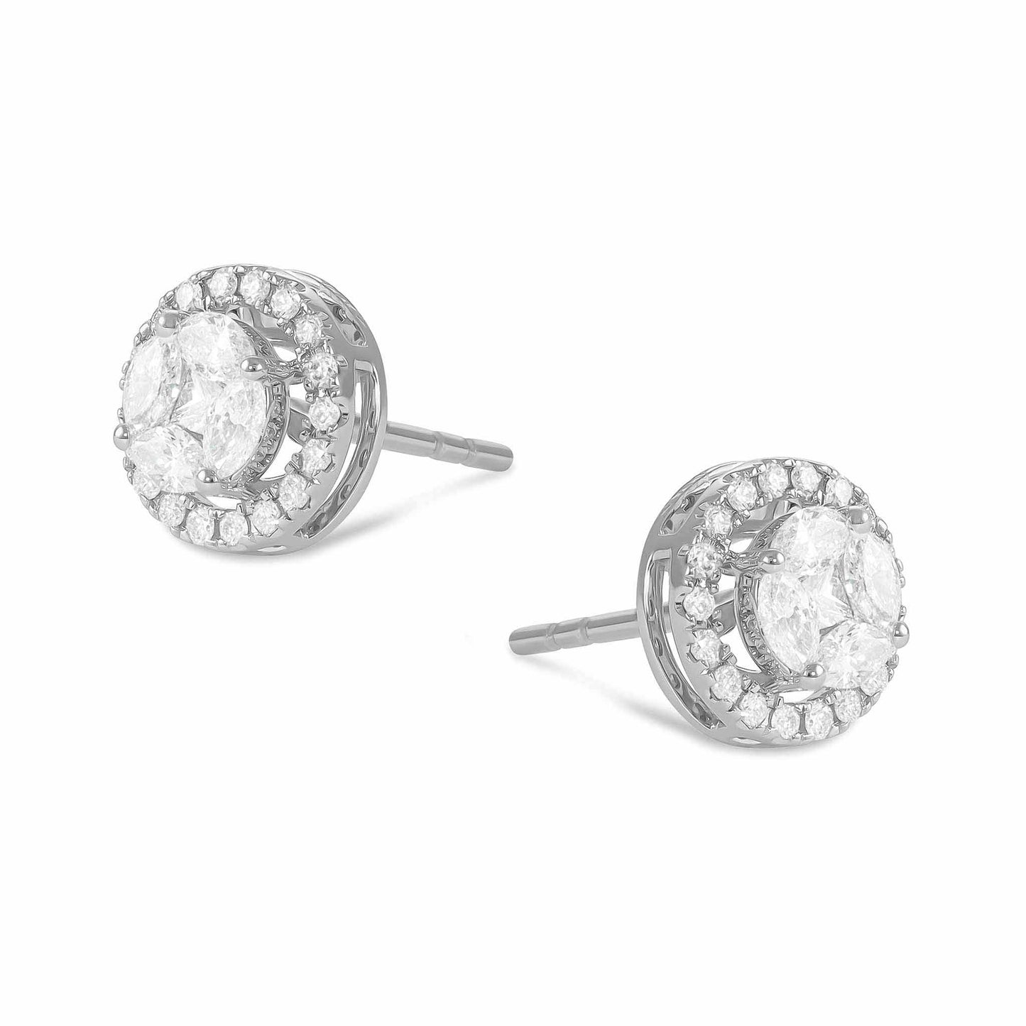 18ct White Gold And Diamond Cluster Earrings 0.6cts - angled view. Elegant nan adorned with gems of remarkable colour and brilliance. Discover affordable luxury today.