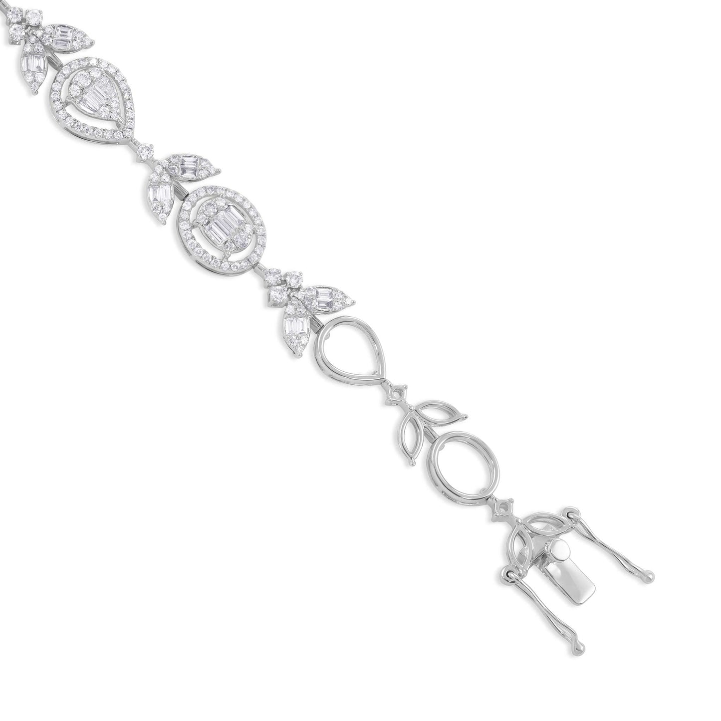 18ct White Gold And Diamond Fancy Bracelet 2.44cts - angled view. Elegant nan adorned with gems of remarkable colour and brilliance. Discover affordable luxury today.