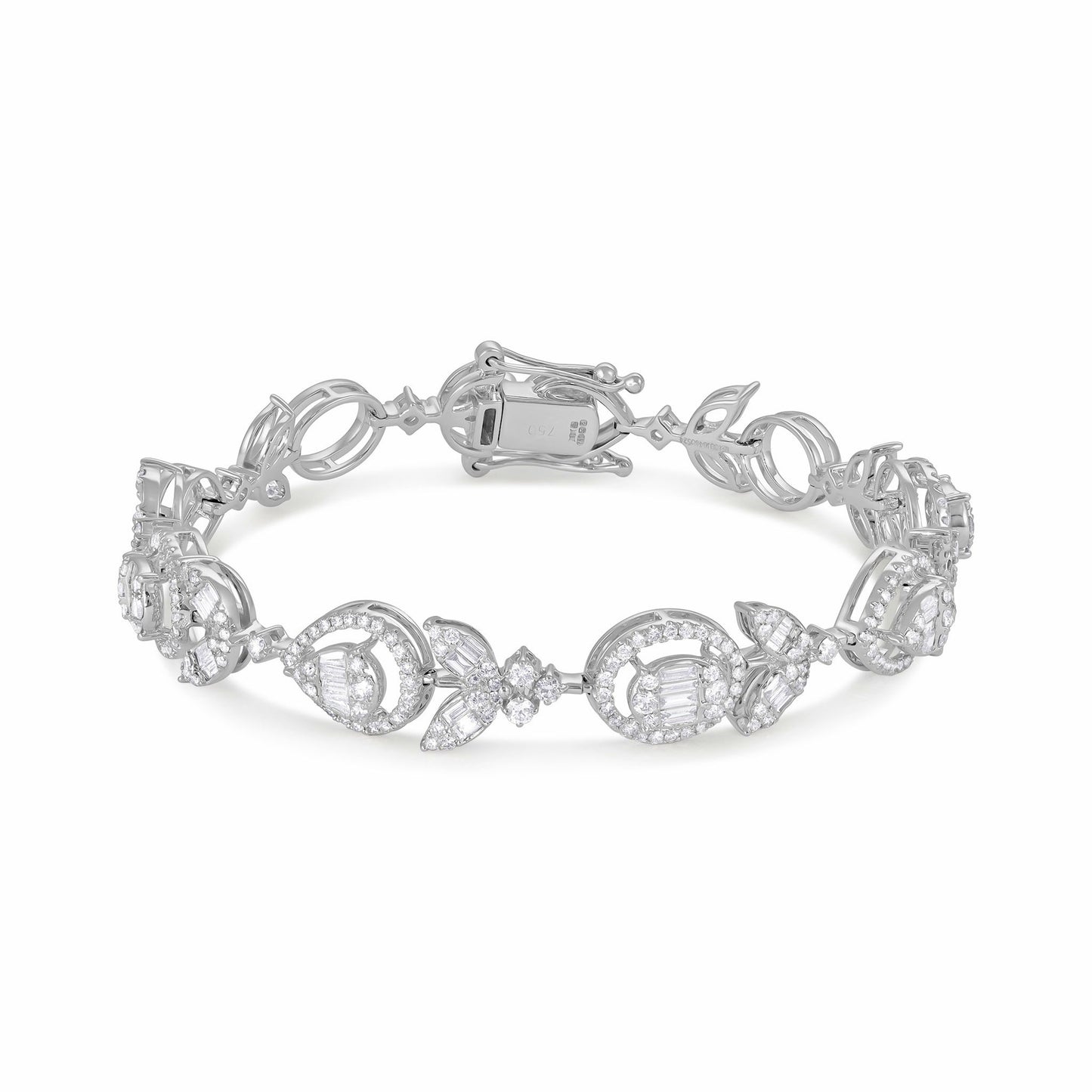 18ct White Gold And Diamond Fancy Bracelet 2.44cts - front view. Elegant Apparel & Accessories > Jewelry > Bracelets adorned with gems of remarkable colour and brilliance. Discover affordable luxury today.