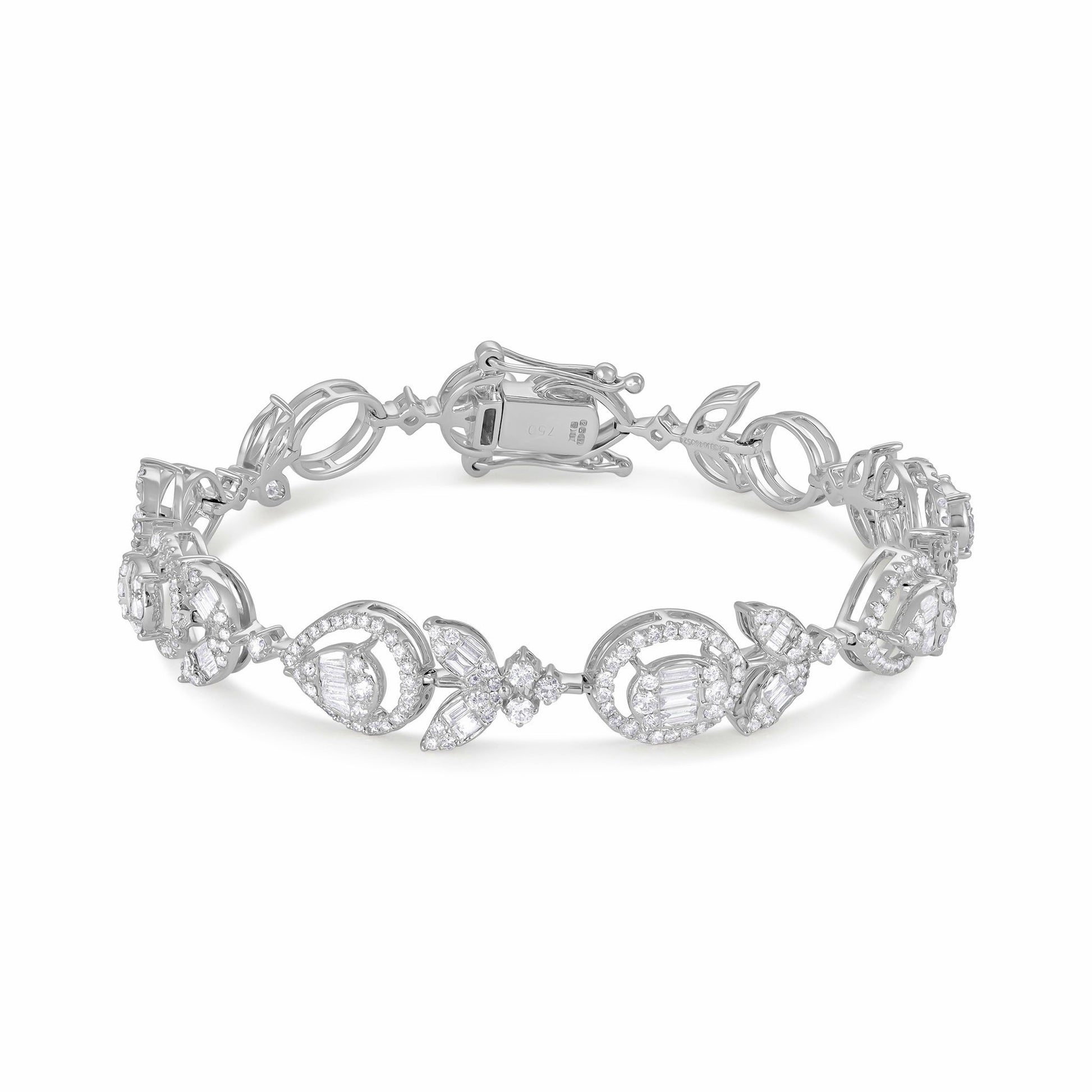 18ct White Gold And Diamond Fancy Bracelet 2.44cts - front view. Elegant Apparel & Accessories > Jewelry > Bracelets adorned with gems of remarkable colour and brilliance. Discover affordable luxury today.