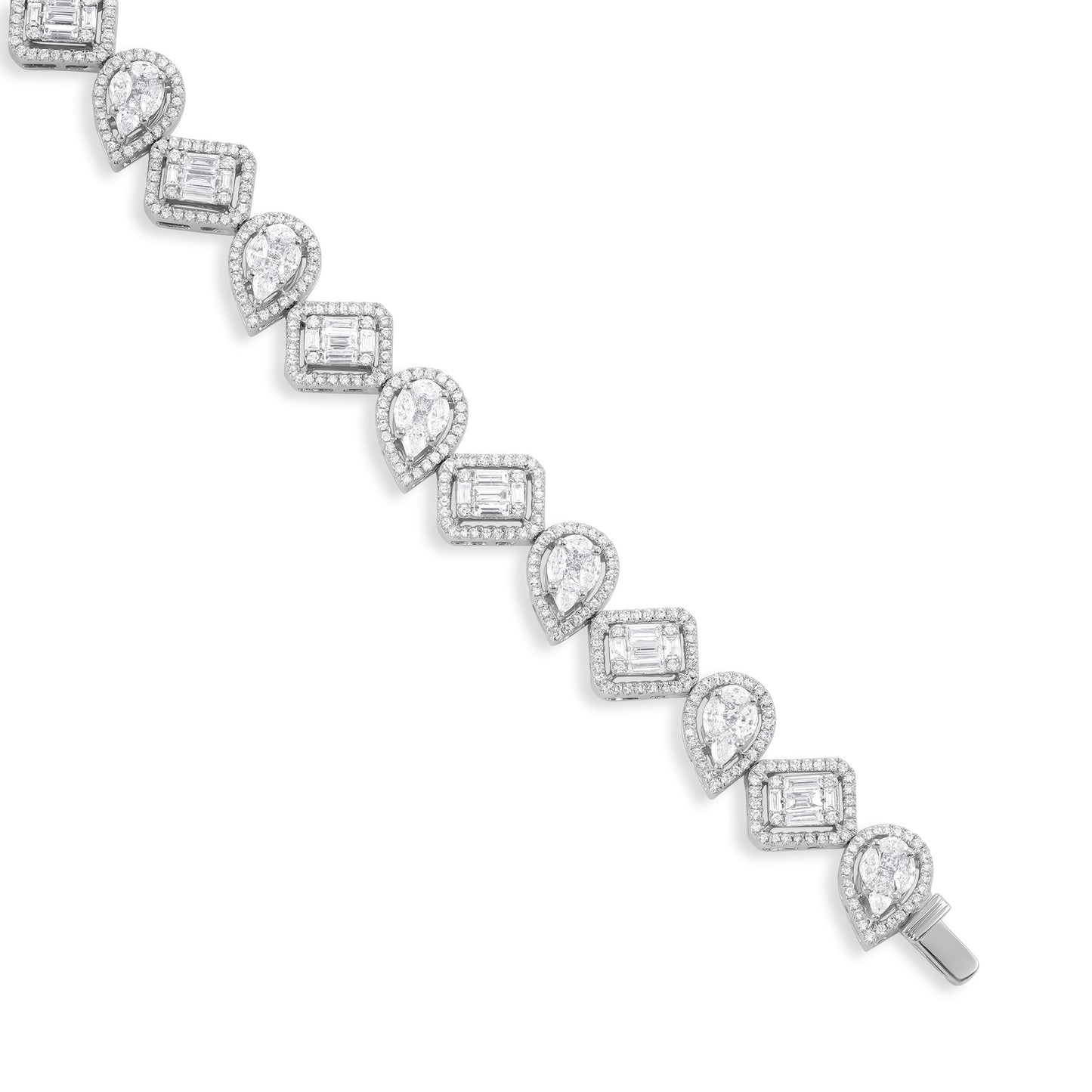 18ct White Gold And Diamond Cluster Bracelet 4.29cts - angled view. Elegant nan adorned with gems of remarkable colour and brilliance. Discover affordable luxury today.