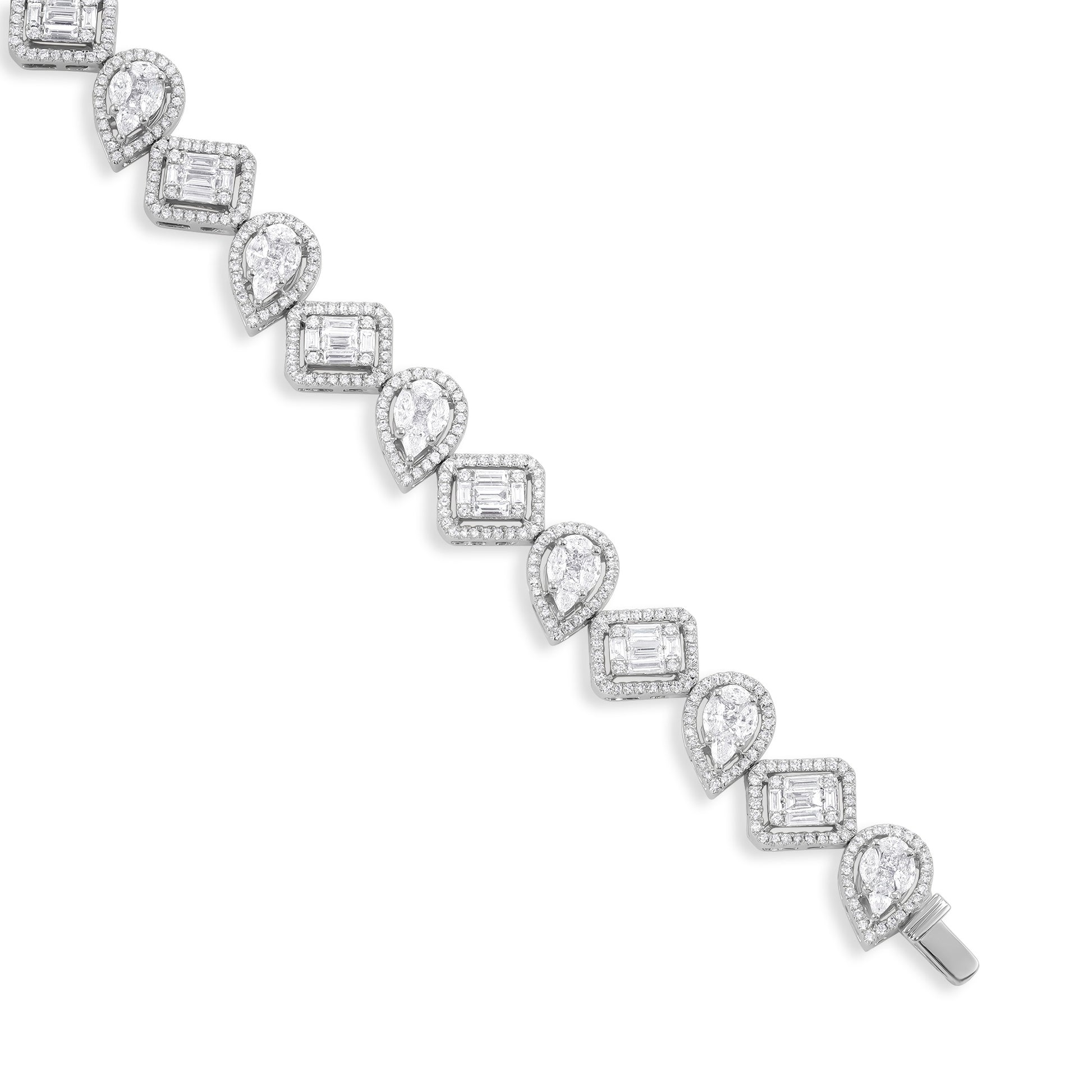 18ct White Gold And Diamond Cluster Bracelet 4.29cts - angled view. Elegant nan adorned with gems of remarkable colour and brilliance. Discover affordable luxury today.