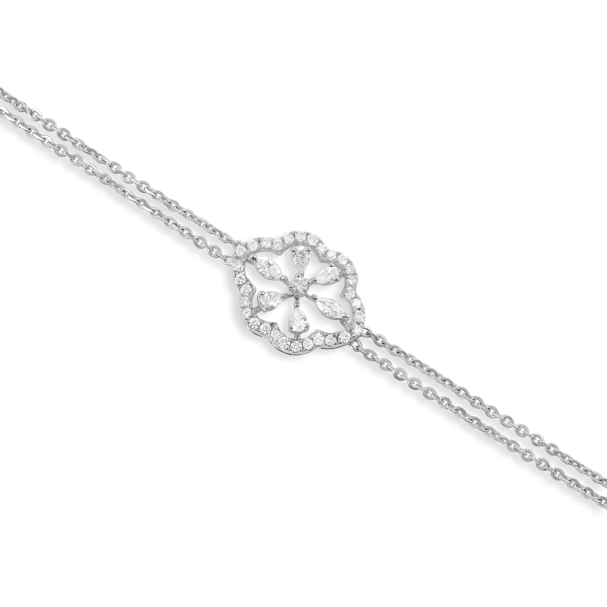 18ct White Gold And Diamond Fancy Bracelet 0.48cts - angled view. Elegant nan adorned with gems of remarkable colour and brilliance. Discover affordable luxury today.