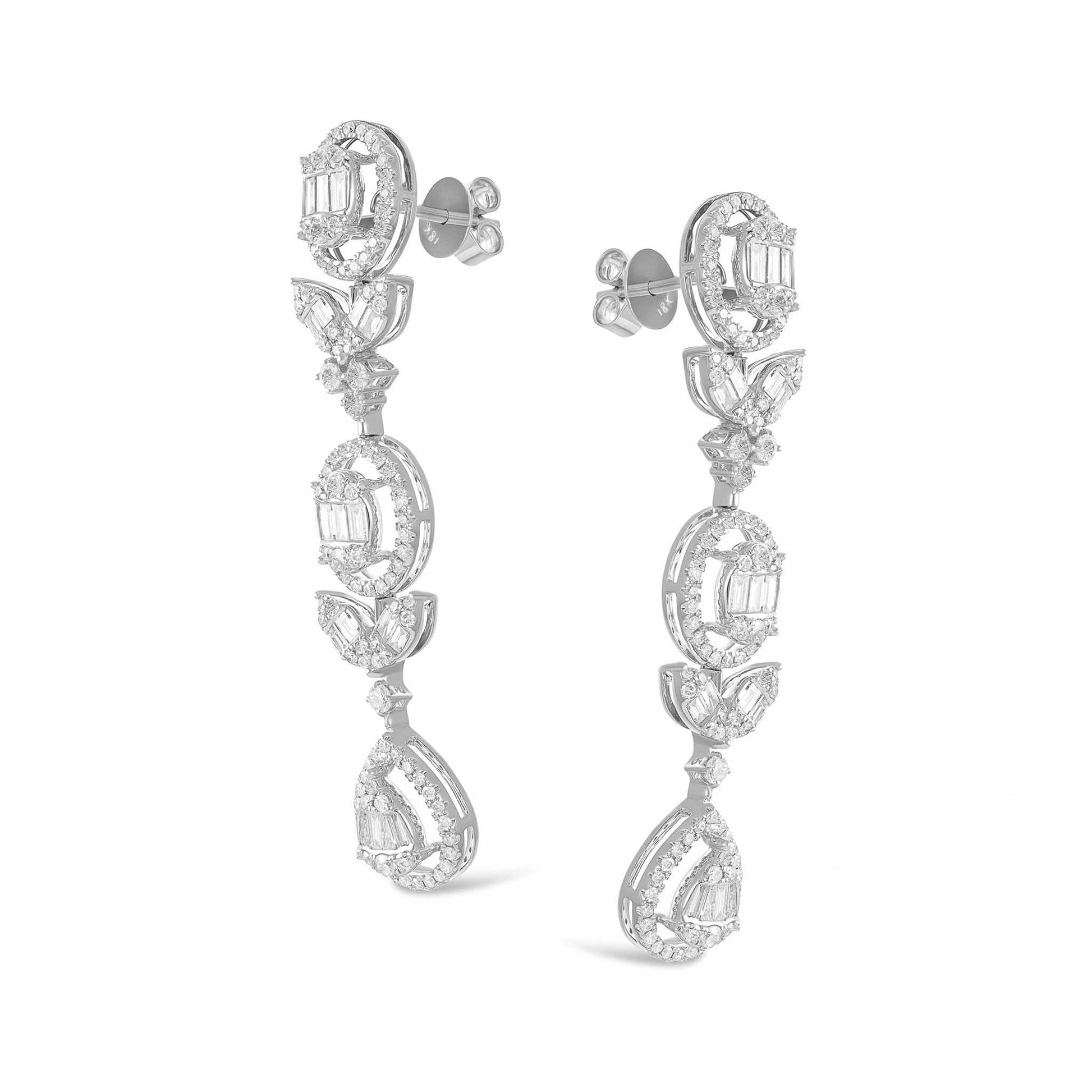 18ct White Gold And Diamond Fancy Earrings 2.49cts - angled view. Elegant nan adorned with gems of remarkable colour and brilliance. Discover affordable luxury today.