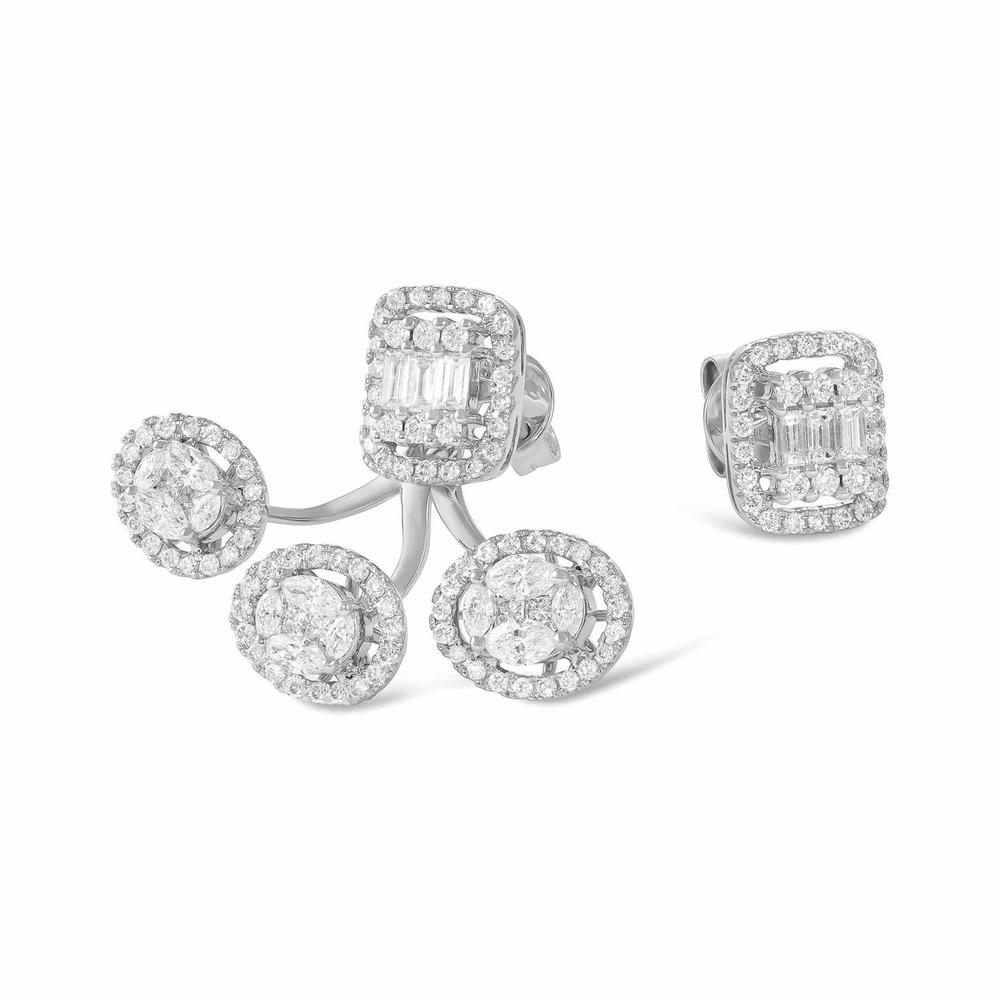 18ct White Gold And Diamond Fancy Earrings 2.52cts - angled view. Elegant nan adorned with gems of remarkable colour and brilliance. Discover affordable luxury today.