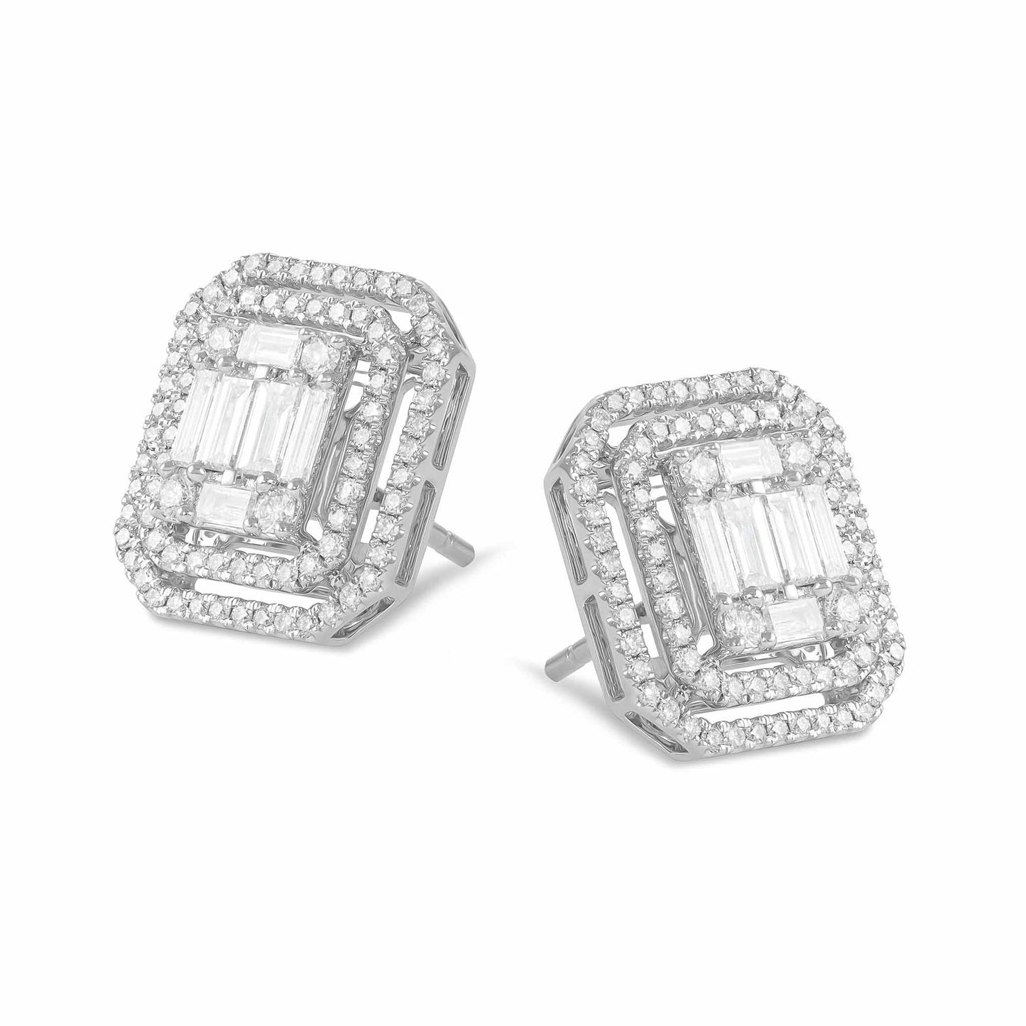 18ct White Gold And Diamond Cluster Earrings 1.35cts - angled view. Elegant nan adorned with gems of remarkable colour and brilliance. Discover affordable luxury today.