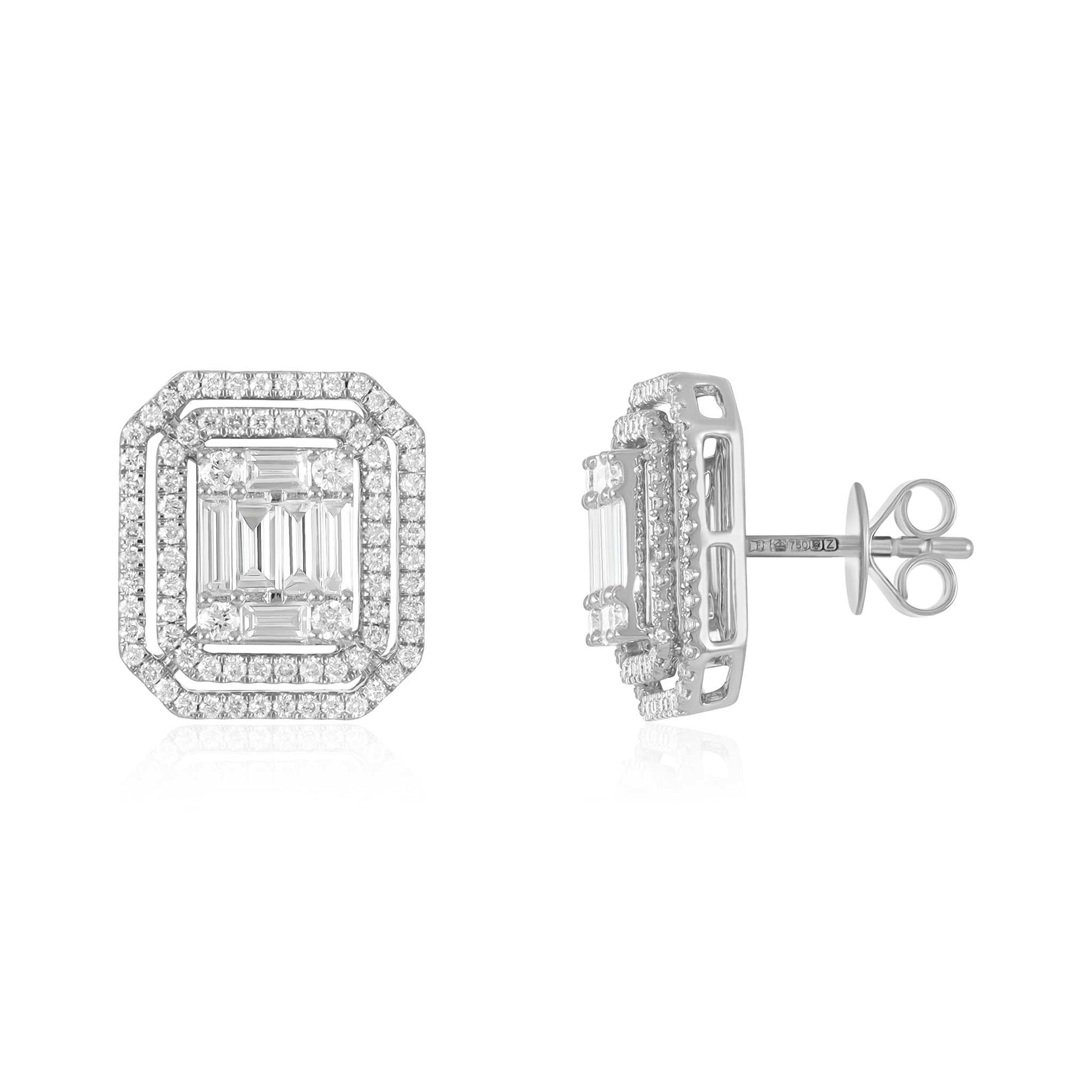 18ct White Gold And Diamond Cluster Earrings 1.35cts - front view. Elegant Apparel & Accessories > Jewelry > Earrings adorned with gems of remarkable colour and brilliance. Discover affordable luxury today.