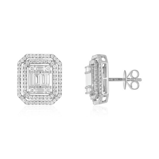 18ct White Gold And Diamond Cluster Earrings 1.35cts - front view. Elegant Apparel & Accessories > Jewelry > Earrings adorned with gems of remarkable colour and brilliance. Discover affordable luxury today.