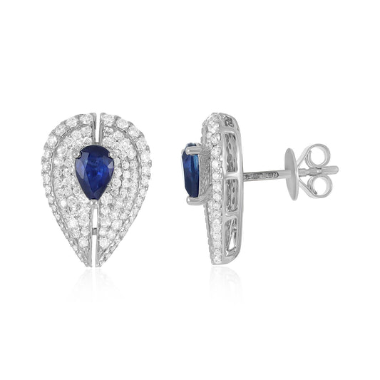 18ct White Gold Diamond And Saphire Halo Earrings - front view. Elegant Apparel & Accessories > Jewelry > Earrings adorned with gems of remarkable colour and brilliance. Discover affordable luxury today.