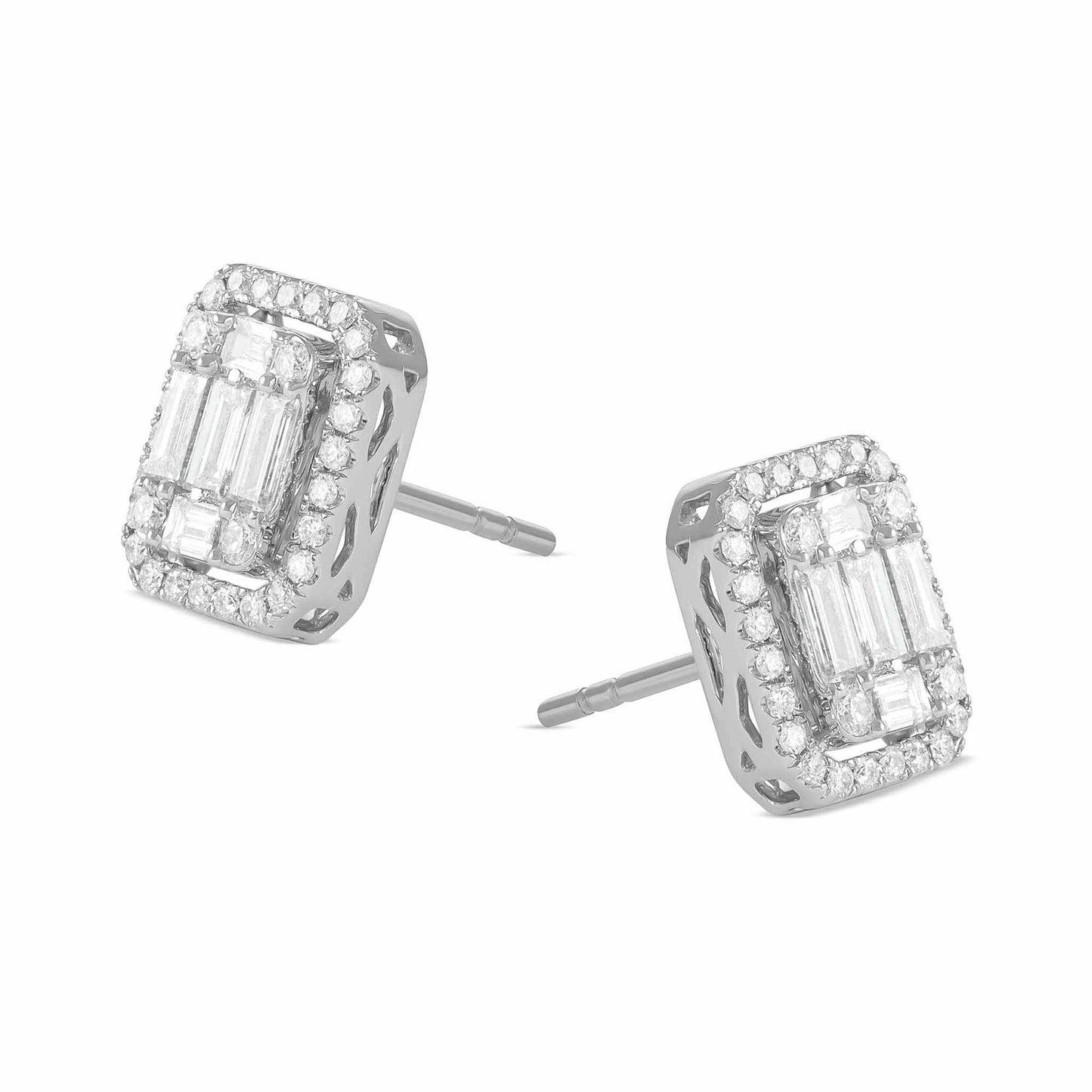 18ct White Gold And Diamond Cluster Earrings 0.84cts - angled view. Elegant nan adorned with gems of remarkable colour and brilliance. Discover affordable luxury today.