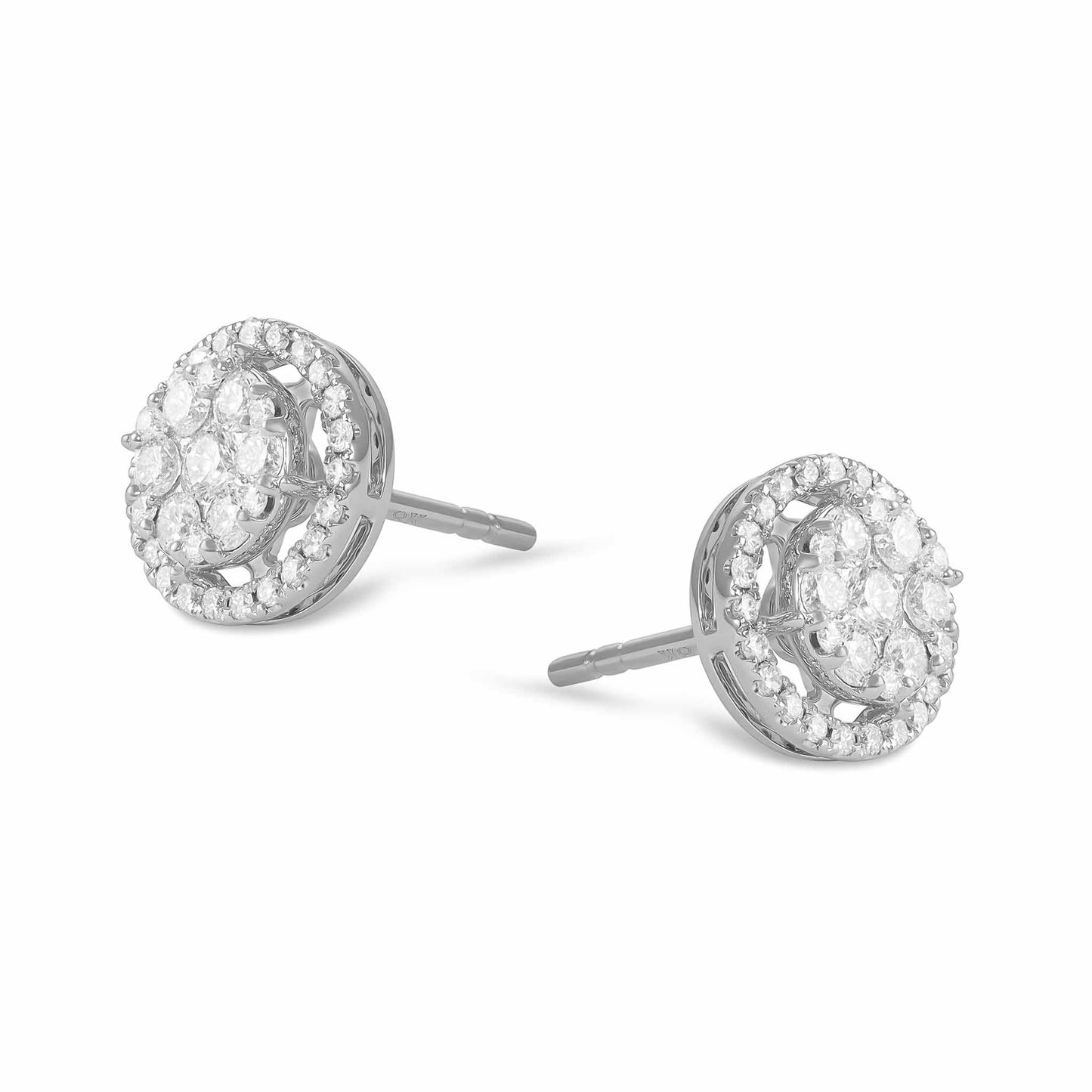 18ct White Gold And Diamond Cluster Earrings 0.75cts - angled view. Elegant nan adorned with gems of remarkable colour and brilliance. Discover affordable luxury today.