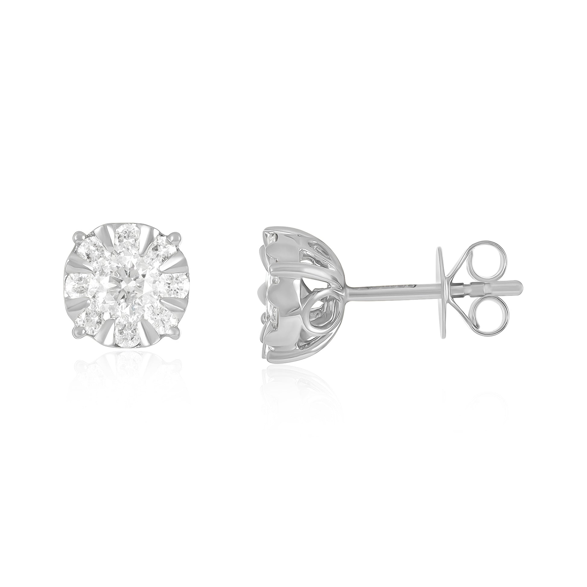 18ct White Gold And Diamond Cluster Earrings 0.96cts - front view. Elegant Apparel & Accessories > Jewelry > Earrings adorned with gems of remarkable colour and brilliance. Discover affordable luxury today.