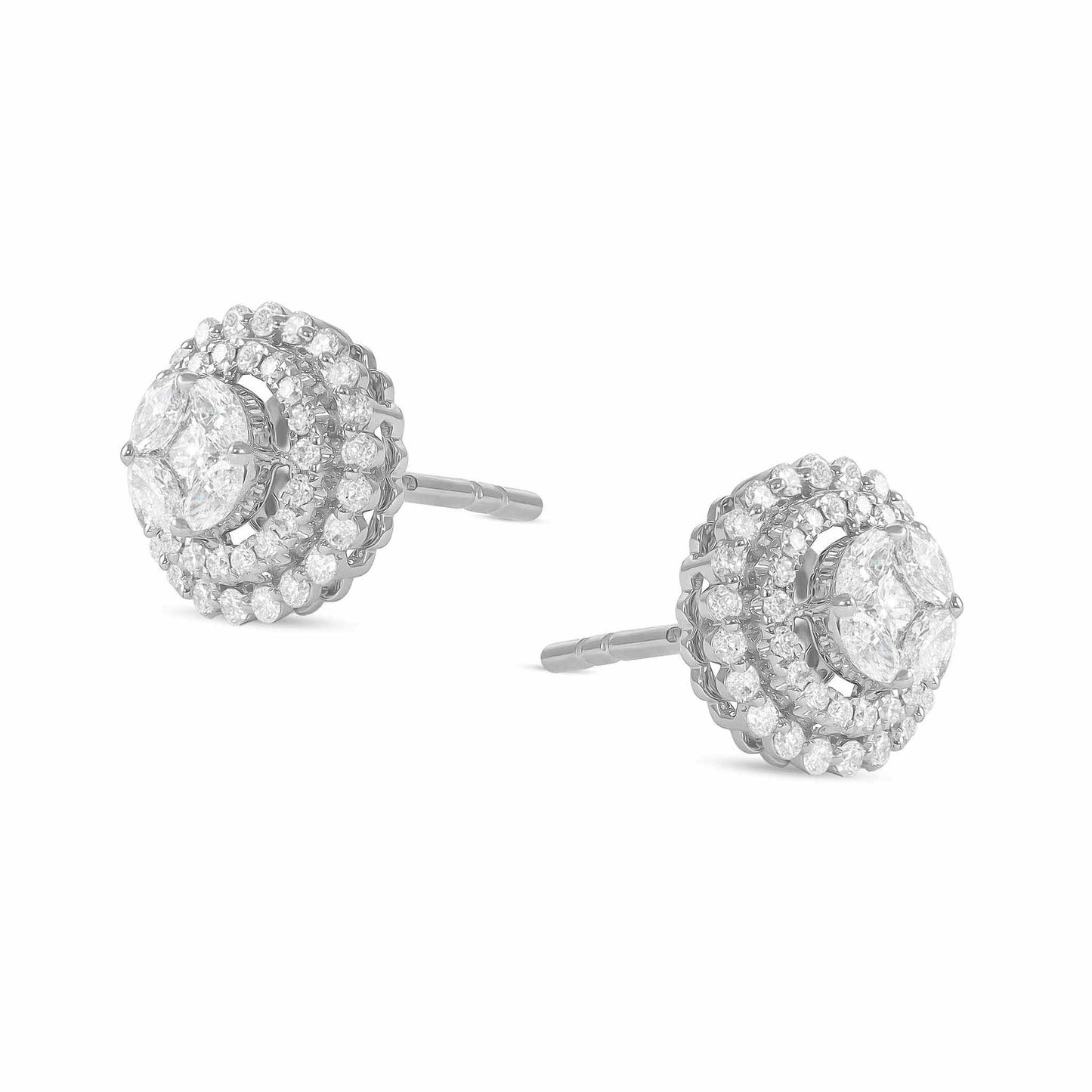 18ct White Gold And Diamond Halo Earrings 0.73cts - angled view. Elegant nan adorned with gems of remarkable colour and brilliance. Discover affordable luxury today.
