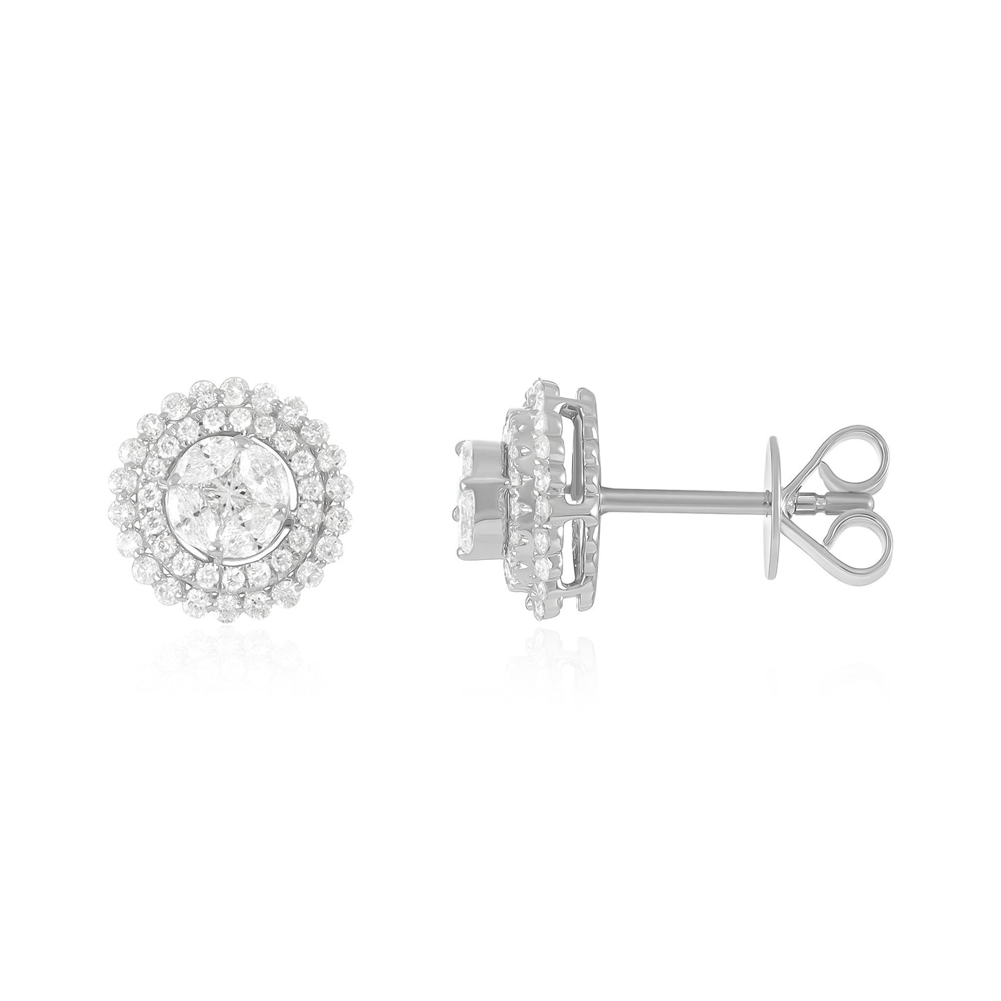 18ct White Gold And Diamond Halo Earrings 0.73cts - front view. Elegant Apparel & Accessories > Jewelry > Earrings adorned with gems of remarkable colour and brilliance. Discover affordable luxury today.