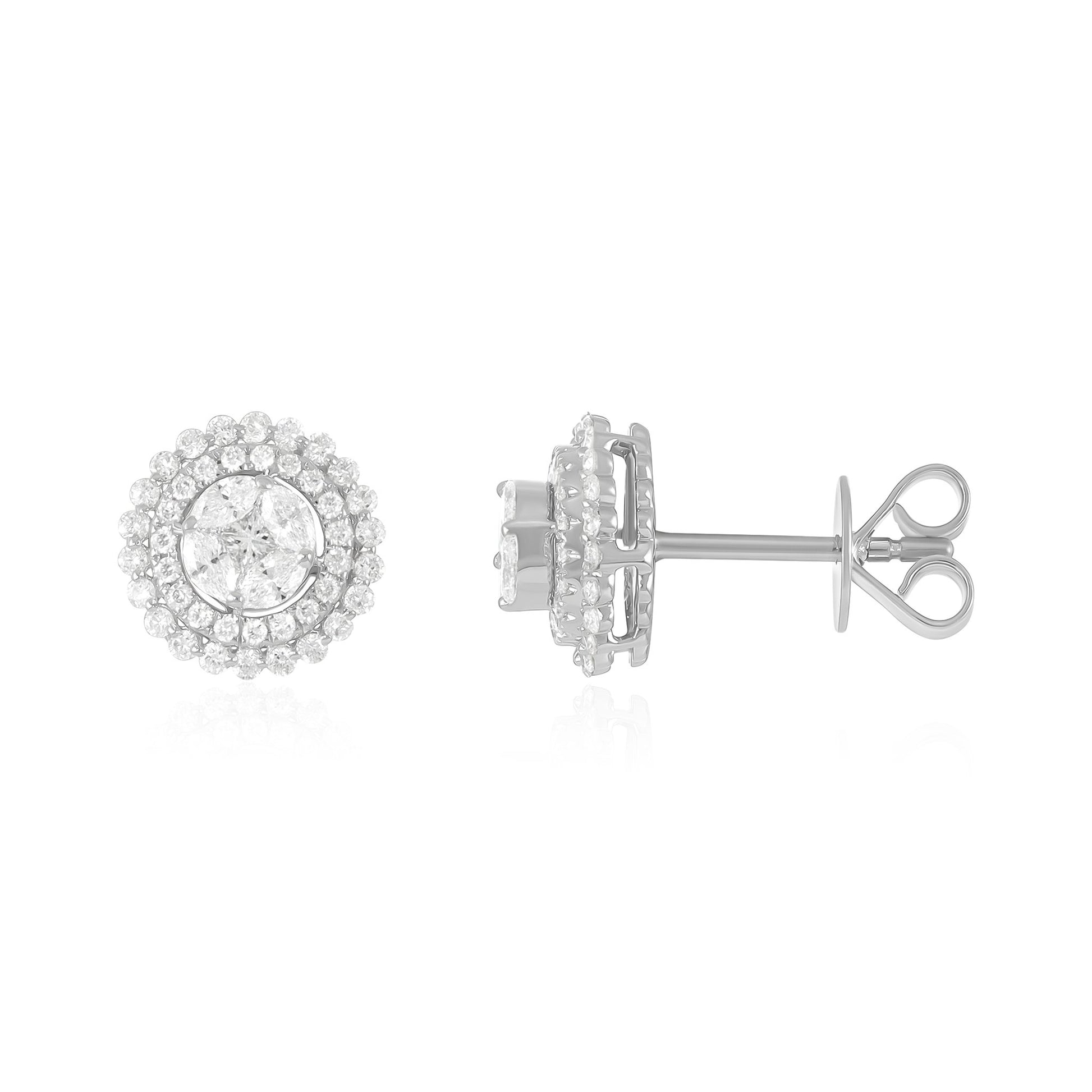 18ct White Gold And Diamond Halo Earrings 0.73cts - front view. Elegant Apparel & Accessories > Jewelry > Earrings adorned with gems of remarkable colour and brilliance. Discover affordable luxury today.