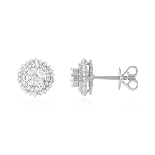 18ct White Gold And Diamond Halo Earrings 0.73cts - front view. Elegant Apparel & Accessories > Jewelry > Earrings adorned with gems of remarkable colour and brilliance. Discover affordable luxury today.