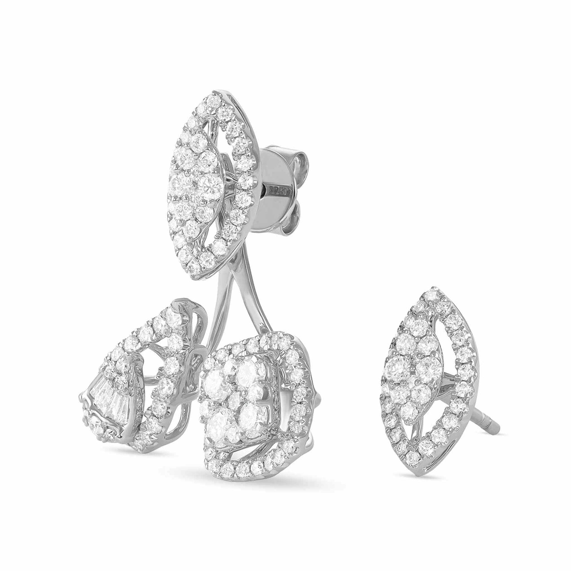 18ct White Gold And Diamond Fancy Earrings 1.78cts - angled view. Elegant nan adorned with gems of remarkable colour and brilliance. Discover affordable luxury today.