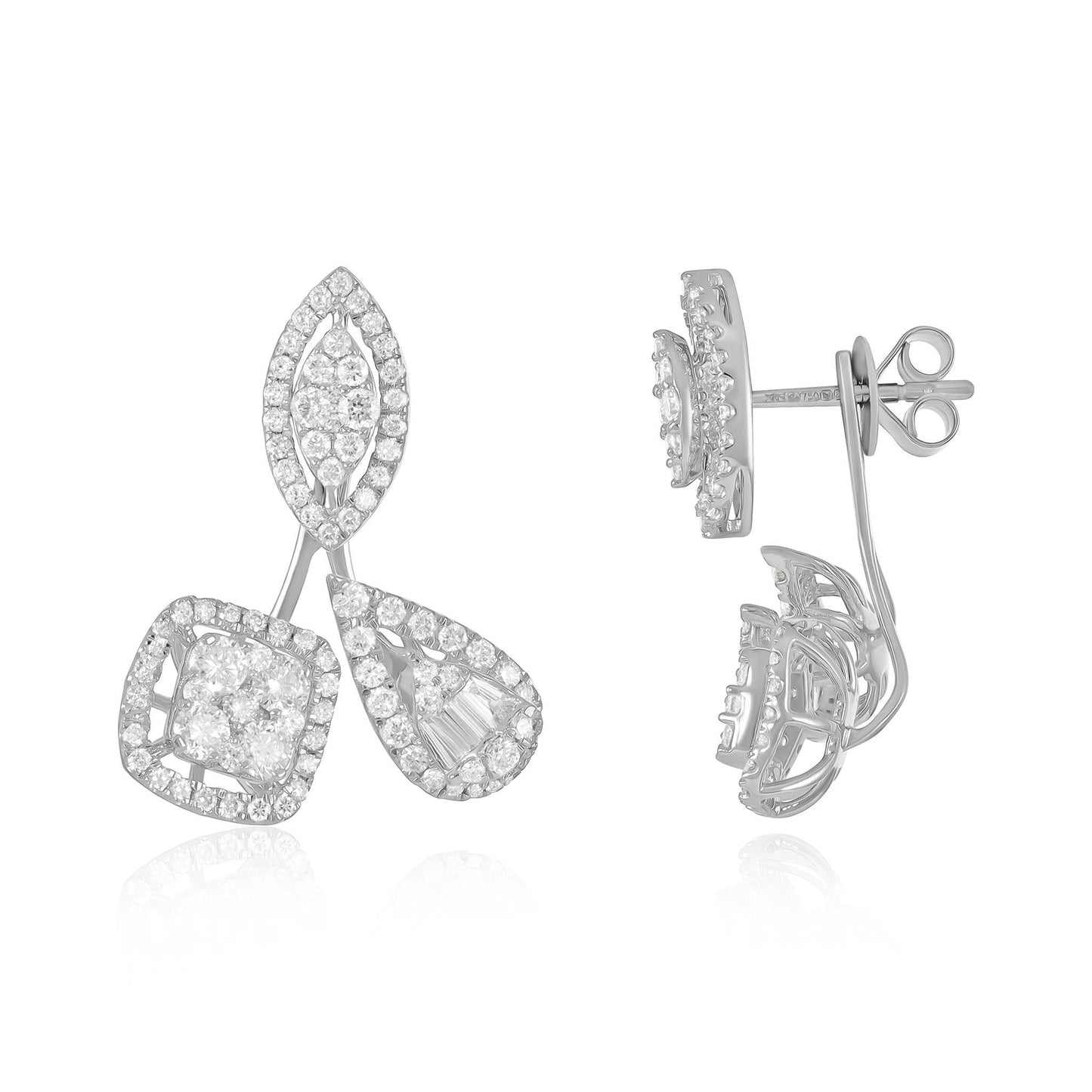 18ct White Gold And Diamond Fancy Earrings 1.78cts - front view. Elegant Apparel & Accessories > Jewelry > Earrings adorned with gems of remarkable colour and brilliance. Discover affordable luxury today.