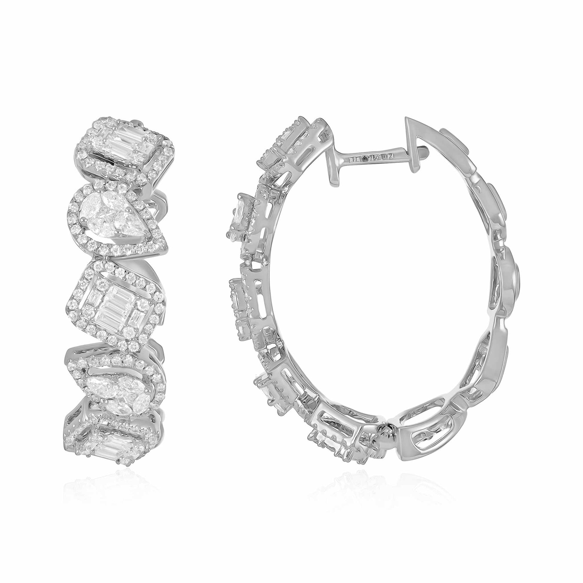 18ct White Gold And Diamond Hoop Earrings 1.8cts - front view. Elegant Apparel & Accessories > Jewelry > Earrings adorned with gems of remarkable colour and brilliance. Discover affordable luxury today.