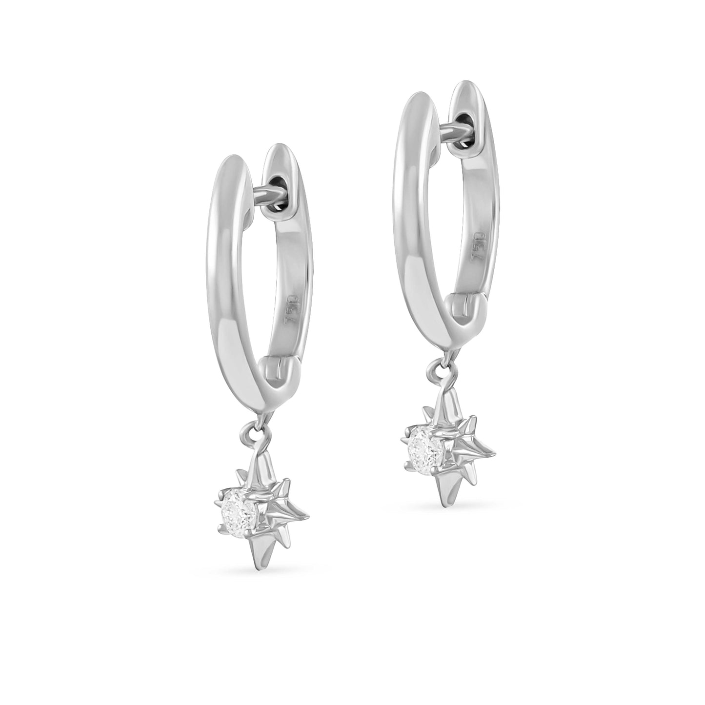 18ct White Gold And Diamond Hoop Earrings 0.04cts - angled view. Elegant nan adorned with gems of remarkable colour and brilliance. Discover affordable luxury today.