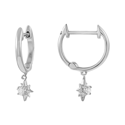 18ct White Gold And Diamond Hoop Earrings 0.04cts - front view. Elegant Apparel & Accessories > Jewelry > Earrings adorned with gems of remarkable colour and brilliance. Discover affordable luxury today.