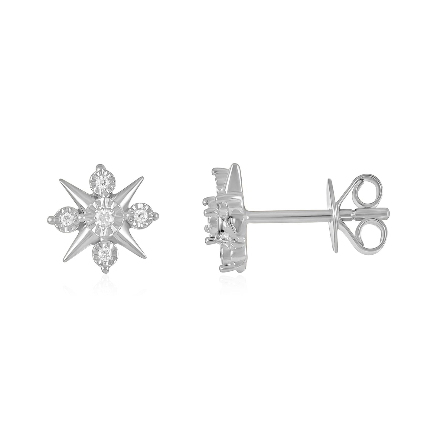 18ct White Gold And Diamond Cluster Earrings 0.05cts - front view. Elegant Apparel & Accessories > Jewelry > Earrings adorned with gems of remarkable colour and brilliance. Discover affordable luxury today.