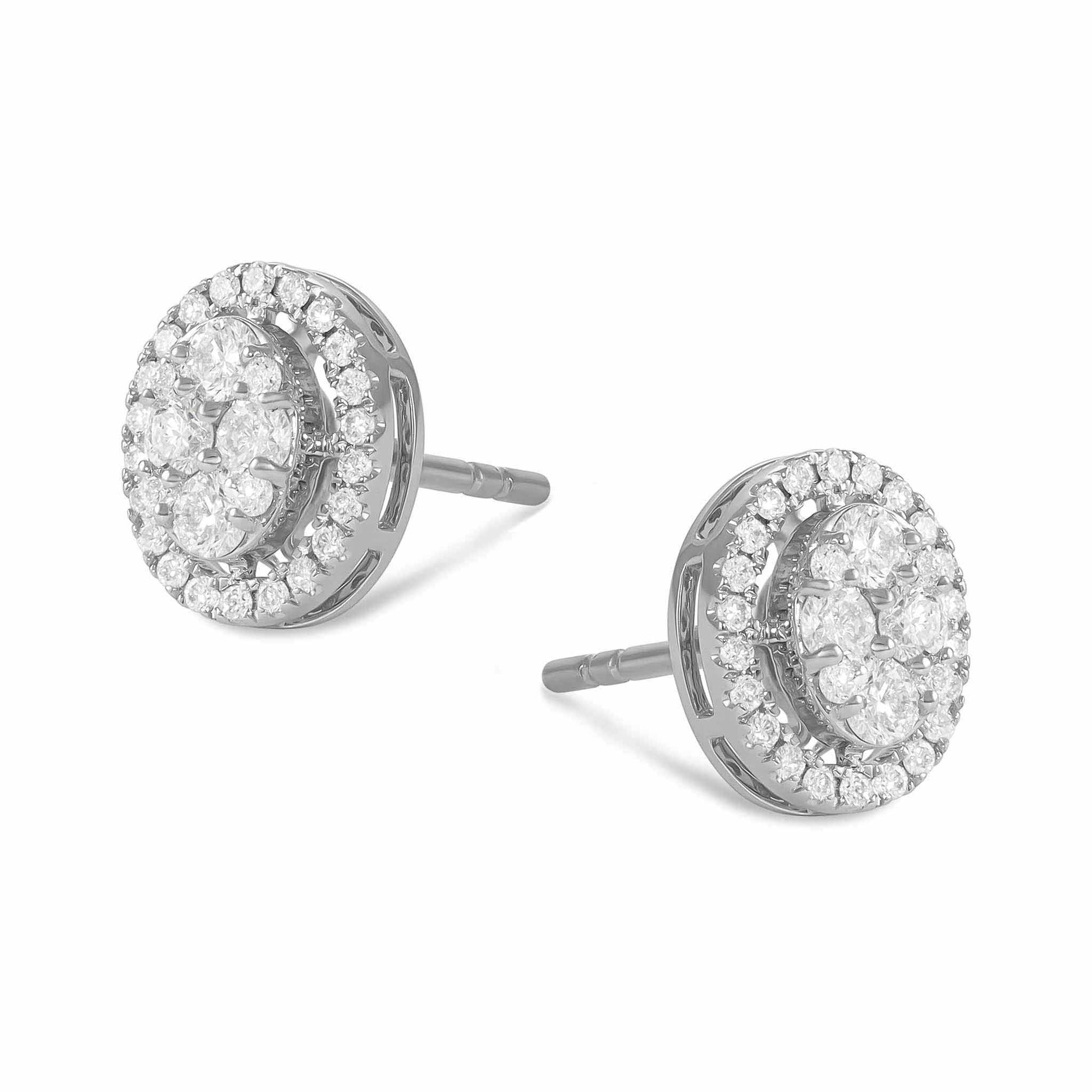 18ct White Gold And Diamond Cluster Earrings 0.44cts - angled view. Elegant nan adorned with gems of remarkable colour and brilliance. Discover affordable luxury today.