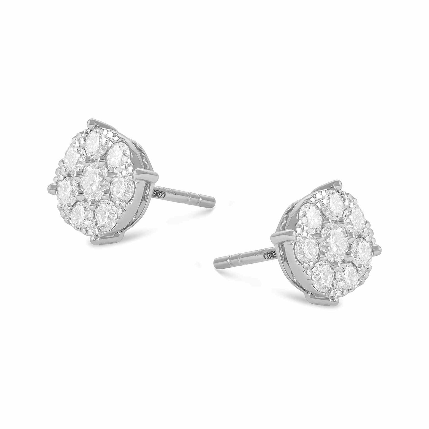 18ct White Gold And Diamond Cluster Earrings 0.83cts - angled view. Elegant nan adorned with gems of remarkable colour and brilliance. Discover affordable luxury today.