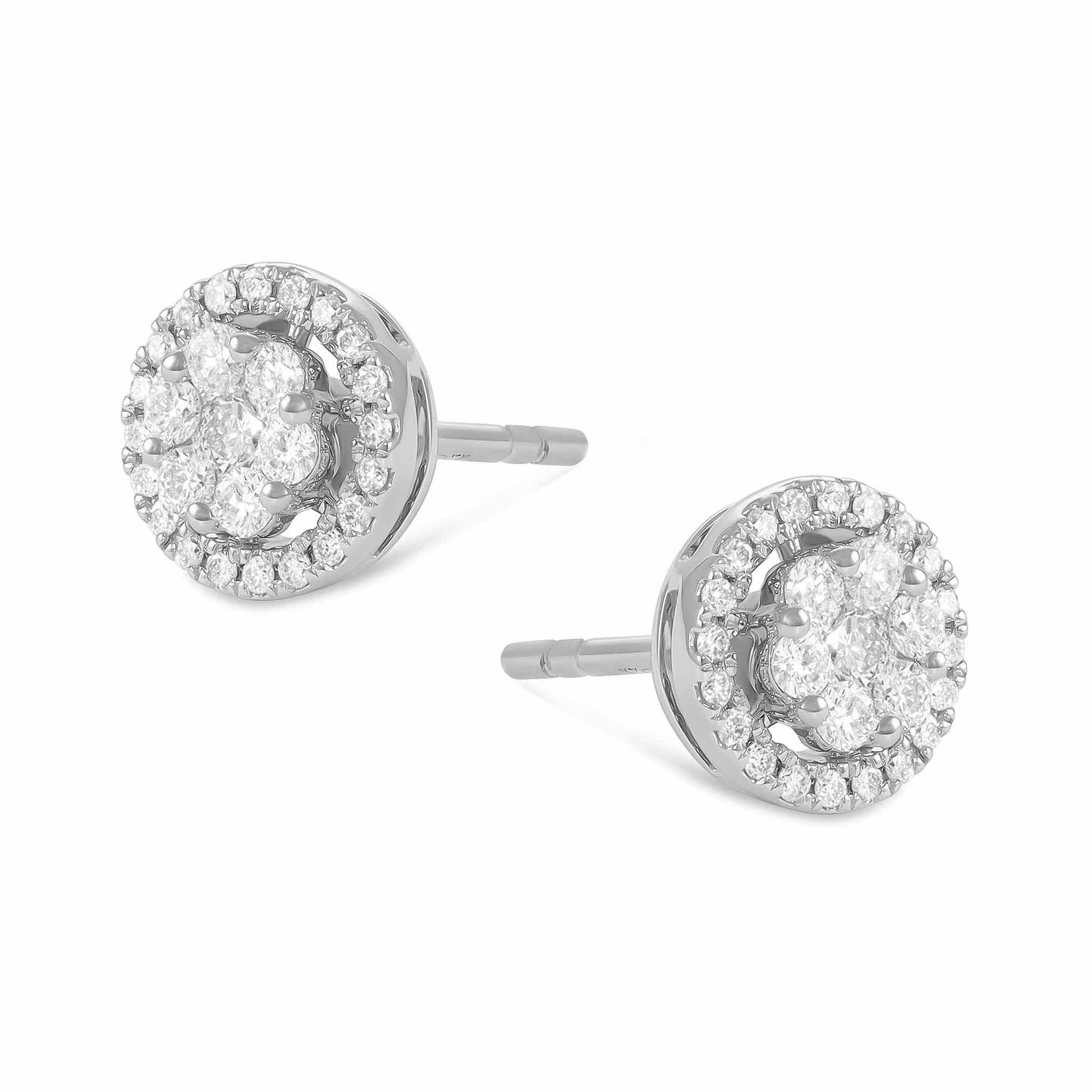 18ct White Gold And Diamond Cluster Earrings 0.45cts - angled view. Elegant nan adorned with gems of remarkable colour and brilliance. Discover affordable luxury today.